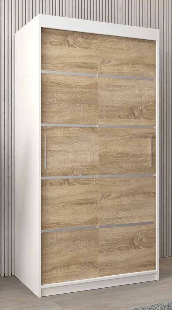 Schiebetürenschrank / Kleiderschrank Jan 01A, Farbe: Weiß matt / Eiche Sonoma - Abmessungen: 200 x 100 x 62 cm ( H x B x T)