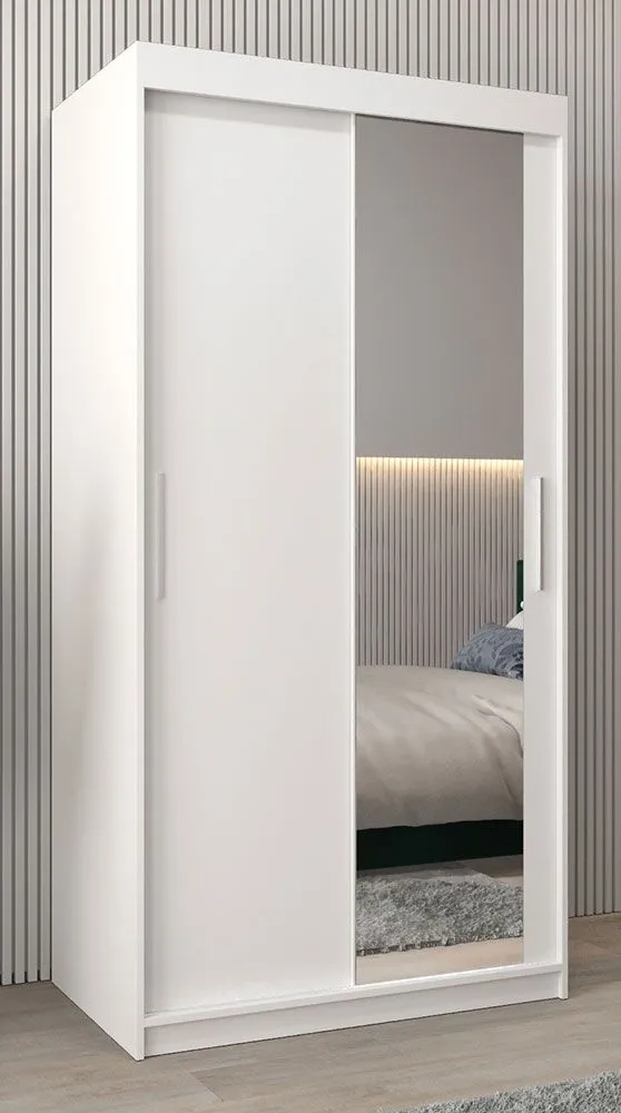 Schiebetürenschrank / Kleiderschrank Bisaurin 1C mit Spiegel, Farbe: Weiß matt - Abmessungen: 200 x 100 x 62 cm ( H x B x T)