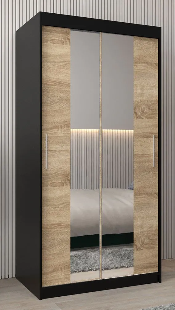 Schiebetürenschrank / Kleiderschrank Bisaurin 1B mit Spiegel, Farbe: Schwarz / Eiche Sonoma - Abmessungen: 200 x 100 x 62 cm ( H x B x T)