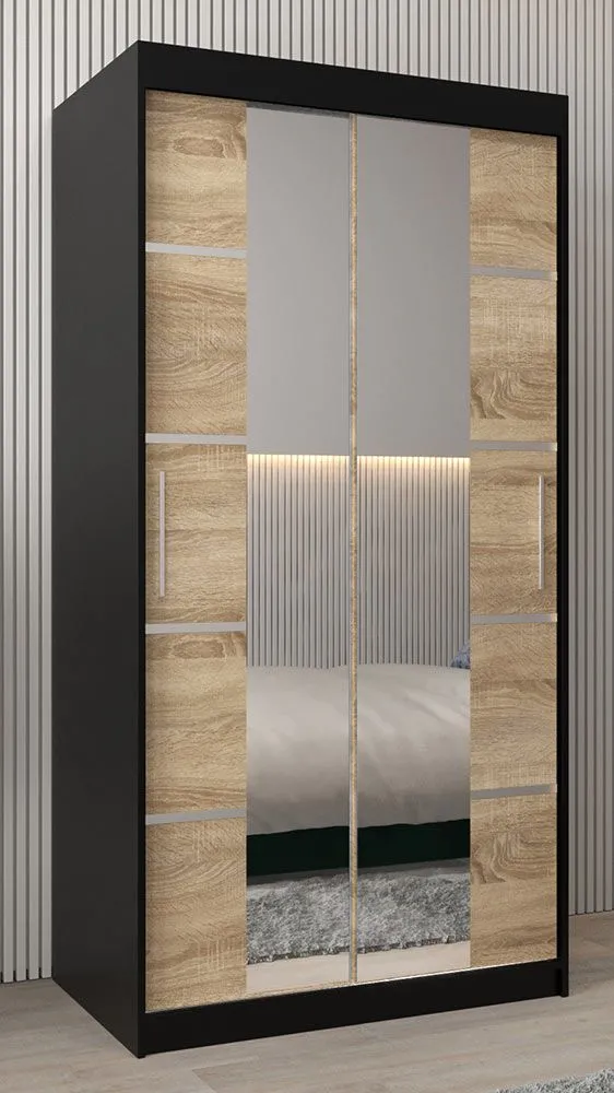 Schiebetürenschrank / Kleiderschrank Jan 01D mit Spiegel, Farbe: Schwarz / Eiche Sonoma - Abmessungen: 200 x 100 x 62 cm ( H x B x T)