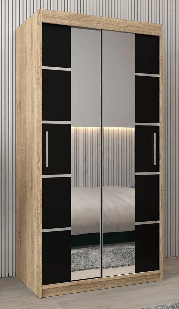 Schiebetürenschrank / Kleiderschrank Jan 01D mit Spiegel, Farbe: Eiche Sonoma / Schwarz - Abmessungen: 200 x 100 x 62 cm ( H x B x T)