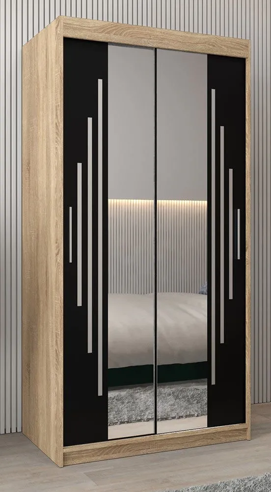 Schiebetürenschrank / Kleiderschrank mit Spiegel Tomlis 01A, Farbe: Eiche Sonoma / Schwarz - Abmessungen: 200 x 100 x 62 cm (H x B x T)