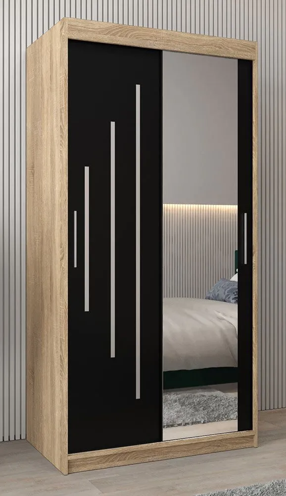 Schiebetürenschrank / Kleiderschrank mit Spiegel Tomlis 01B, Farbe: Eiche Sonoma / Schwarz - Abmessungen: 200 x 100 x 62 cm (H x B x T)