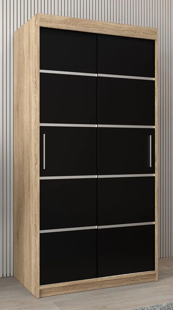 Schiebetürenschrank / Kleiderschrank Jan 01A, Farbe: Eiche Sonoma / Schwarz - Abmessungen: 200 x 100 x 62 cm ( H x B x T)