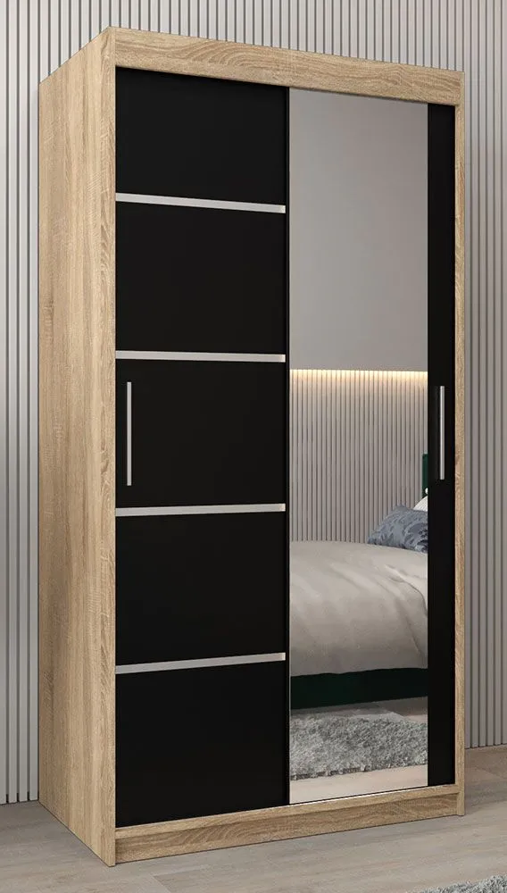 Schiebetürenschrank / Kleiderschrank Jan 01B mit Spiegel, Farbe: Eiche Sonoma / Schwarz - Abmessungen: 200 x 100 x 62 cm ( H x B x T)