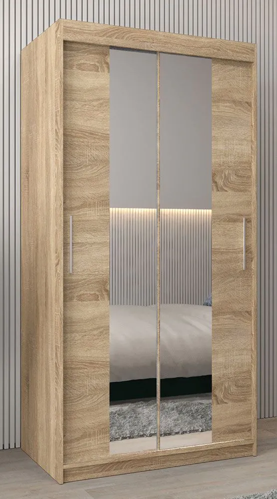 Schiebetürenschrank / Kleiderschrank Bisaurin 1B mit Spiegel, Farbe: Eiche Sonoma - Abmessungen: 200 x 100 x 62 cm ( H x B x T)