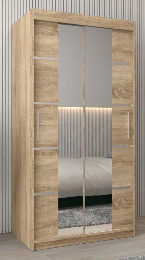 Schiebetürenschrank / Kleiderschrank Jan 01D mit Spiegel, Farbe: Eiche Sonoma - Abmessungen: 200 x 100 x 62 cm ( H x B x T)