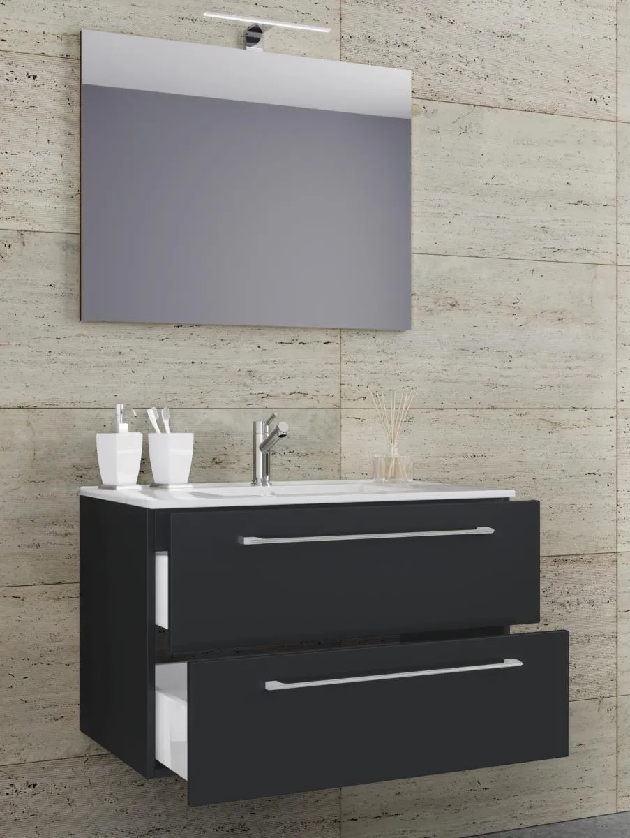 3-tlg. Waschplatz 60cm 2 Schubfächer | Mit Spiegel Schwarz