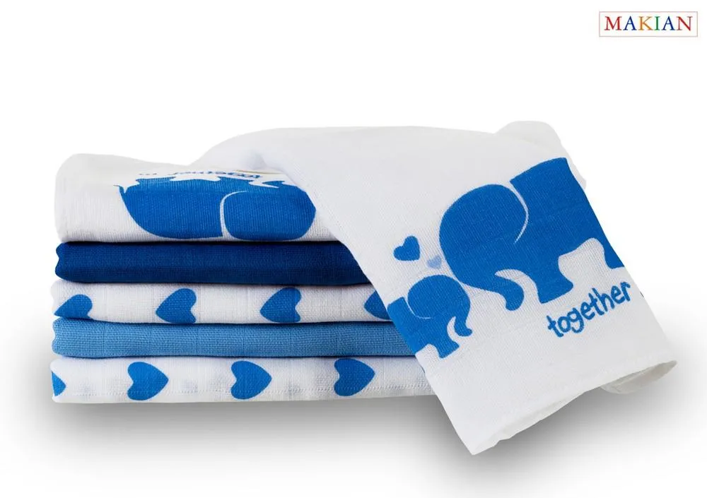 Mullwindeln, 6er Set, Design Elefant/blau, 80x80cm