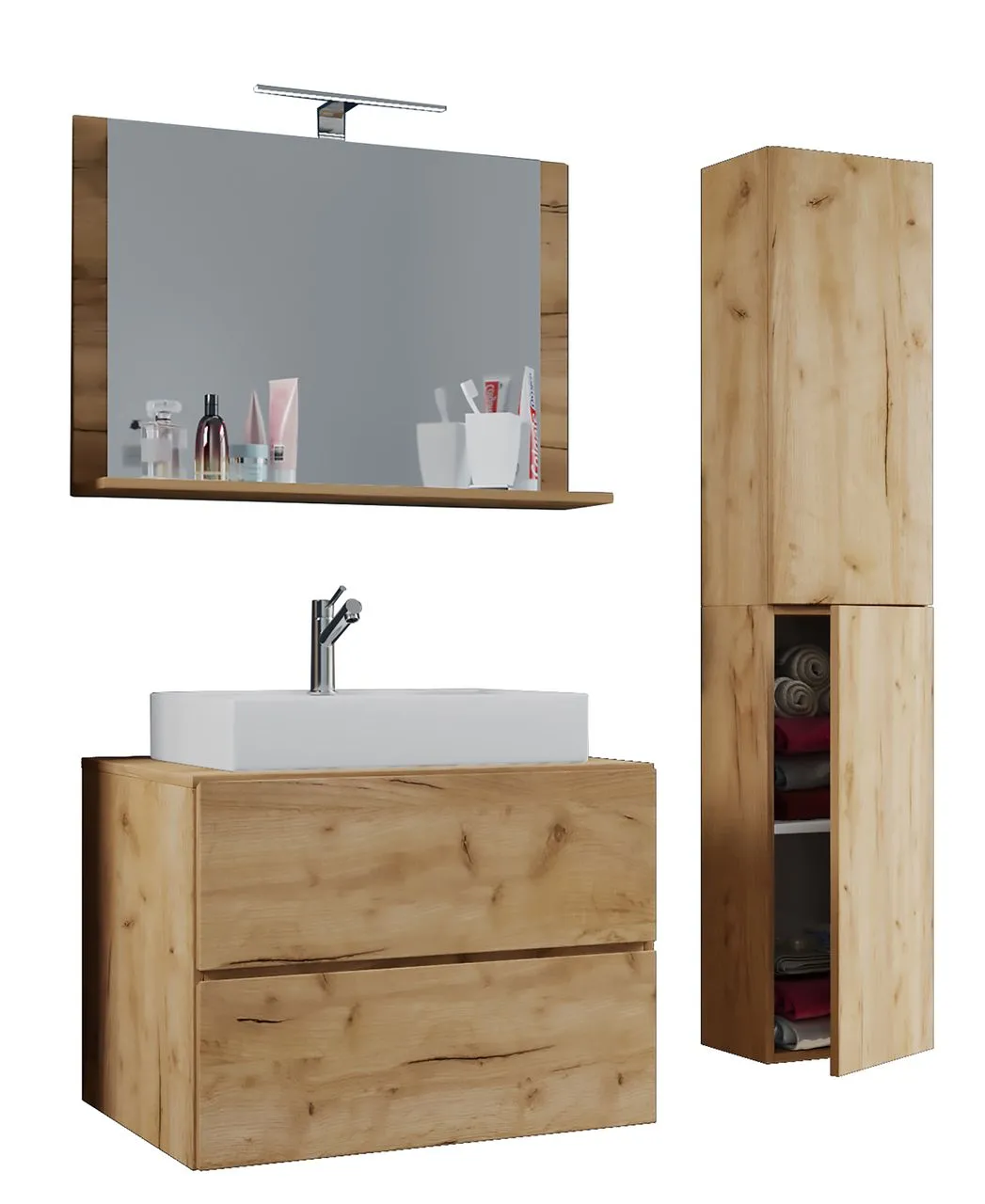 Badblock Lendas L 80cm Unterschrank + Spiegel + 1 Seitenschrank Honig-Eiche