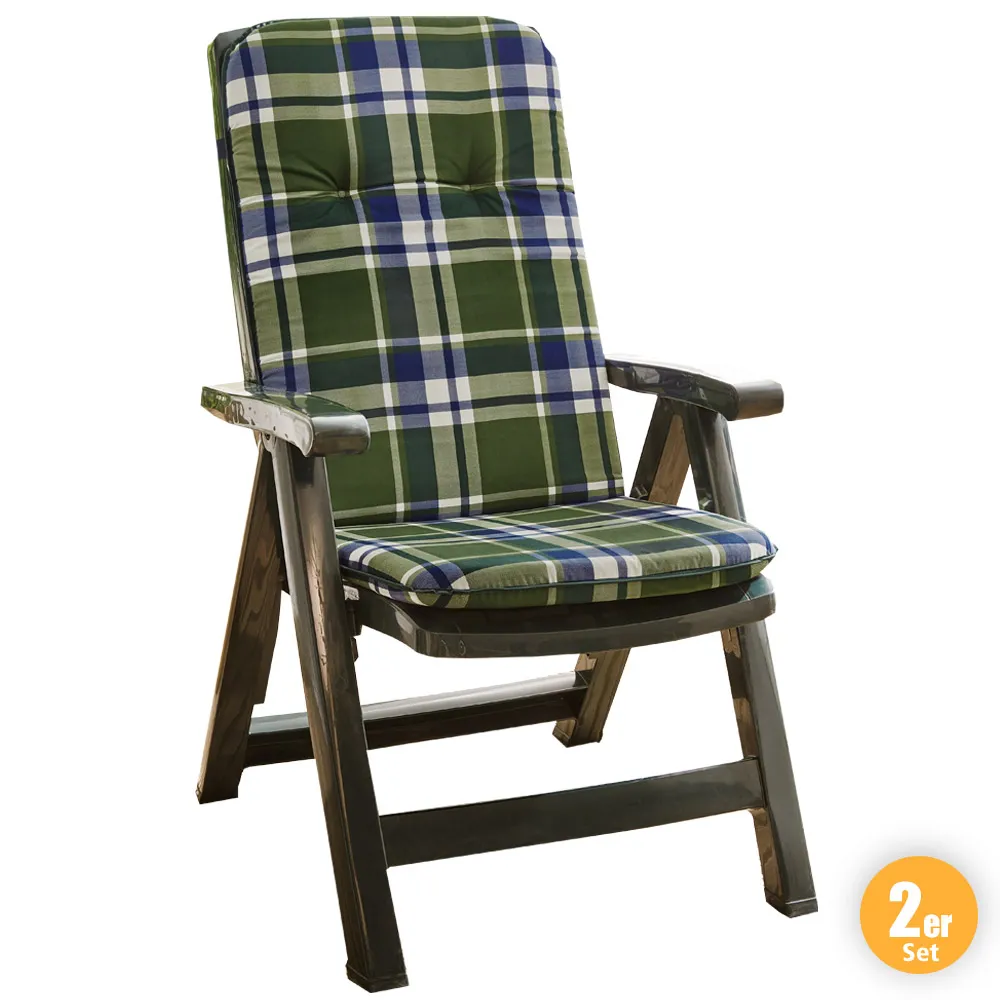 Solax-Sunshine Hochlehner-Polsterauflage, je ca. 116 x 50 x 5 cm - Karo Grün, 2er-Set
