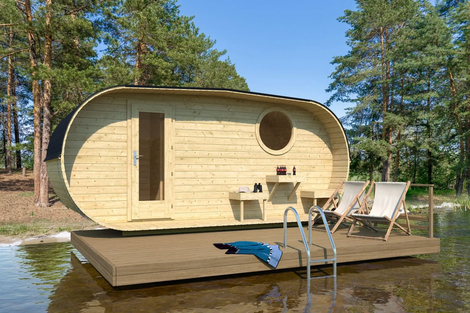 Saunahaus oval Schlafkogel 01, Verglasung aus Hartglas, 3 Räume, 500 x 235 x 233, Leimholz, Profilzylinderschloss, 12 m²