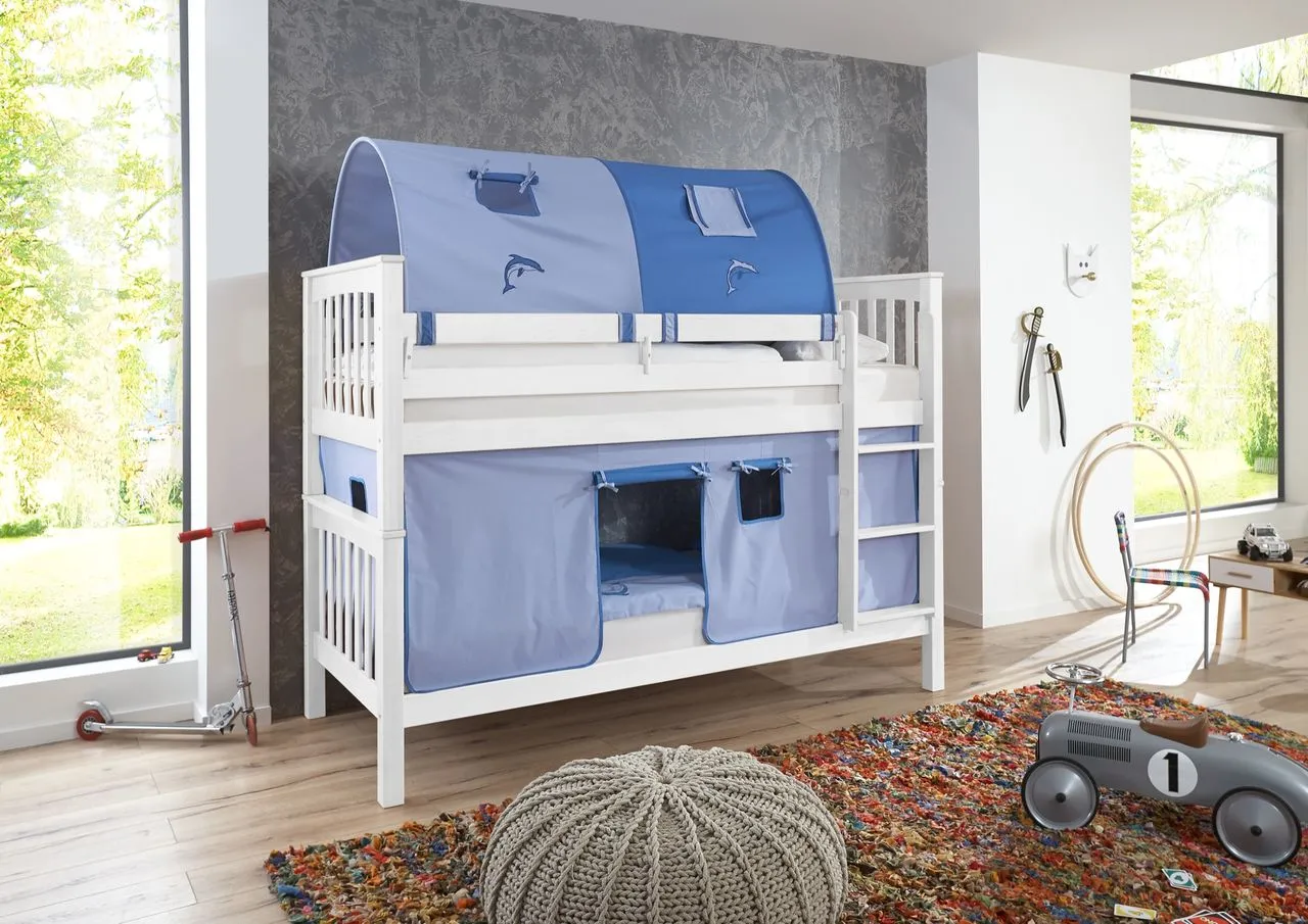 Etagenbett Kick Buche massiv weiß lackiert mit Textilset best. aus Vorhang und 2-er Tunnel , Farbe blau/delfin