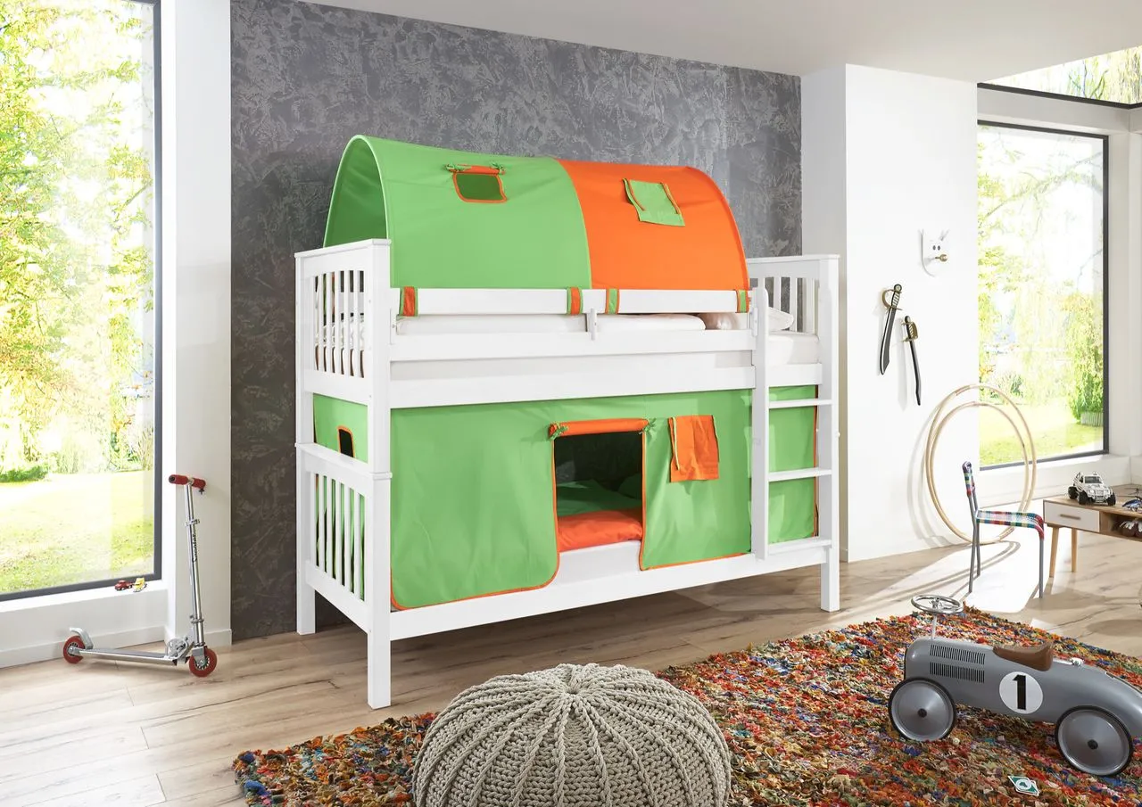 Etagenbett Kick Buche massiv weiß lackiert mit Textilset best. aus Vorhang und 2-er Tunnel , Farbe grün/orange