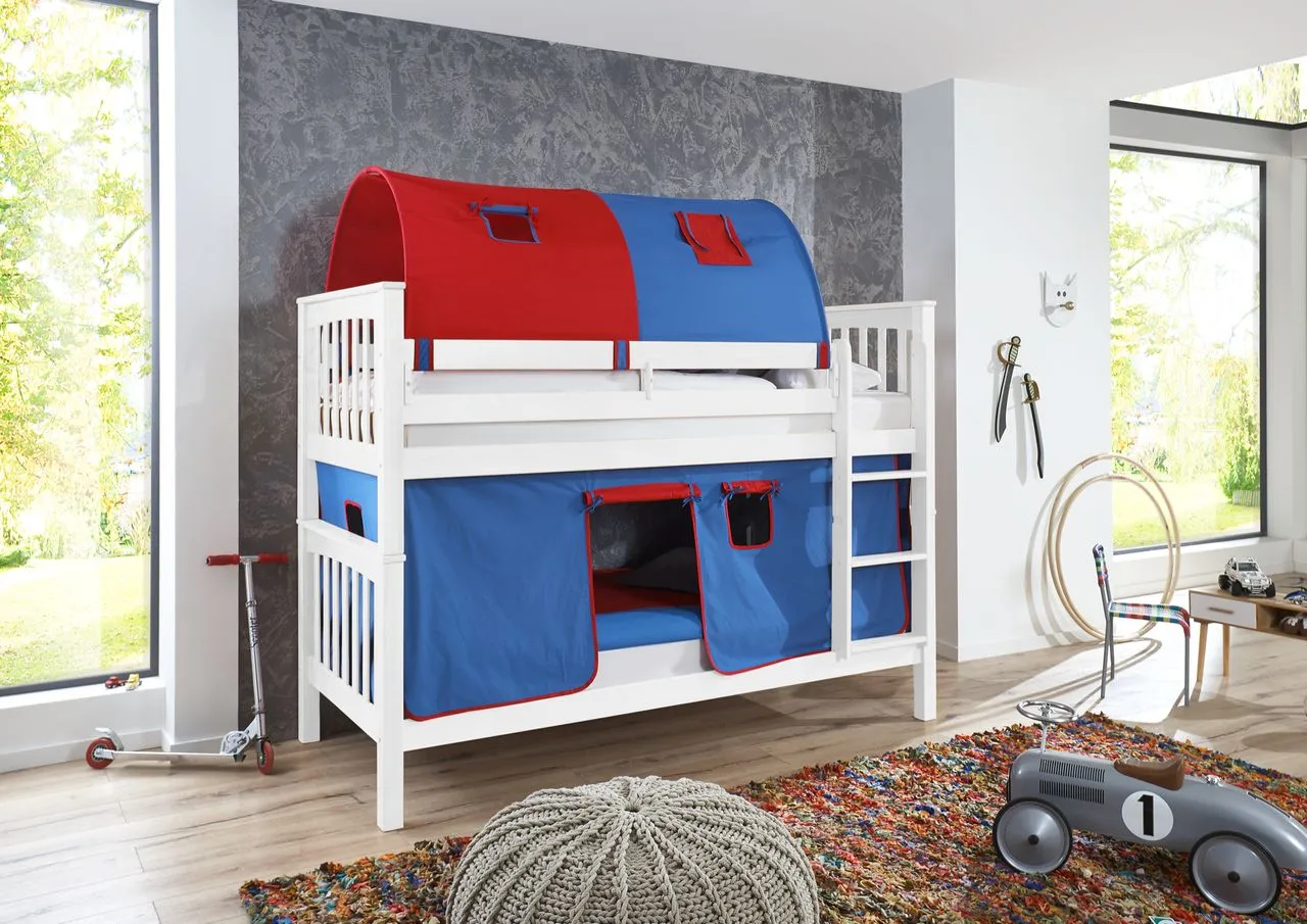 Etagenbett Kick Buche massiv weiß lackiert mit Textilset best. aus Vorhang und 2-er Tunnel , Farbe blau/rot