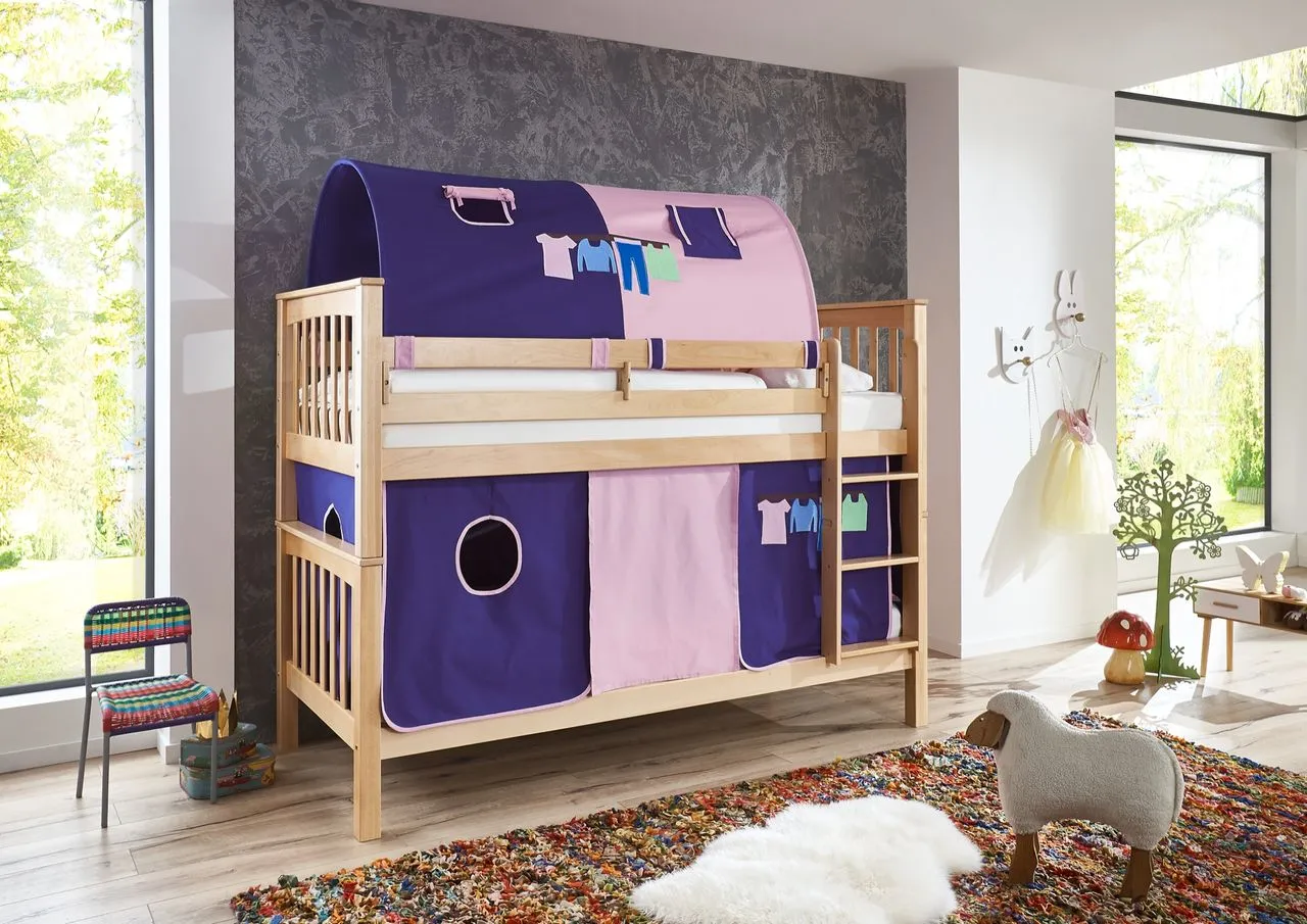 Etagenbett Kick Buche massiv natur lackiert mit Textilset best. aus Vorhang und 2-er Tunnel , Farbe Rosa/Violett-Kleider