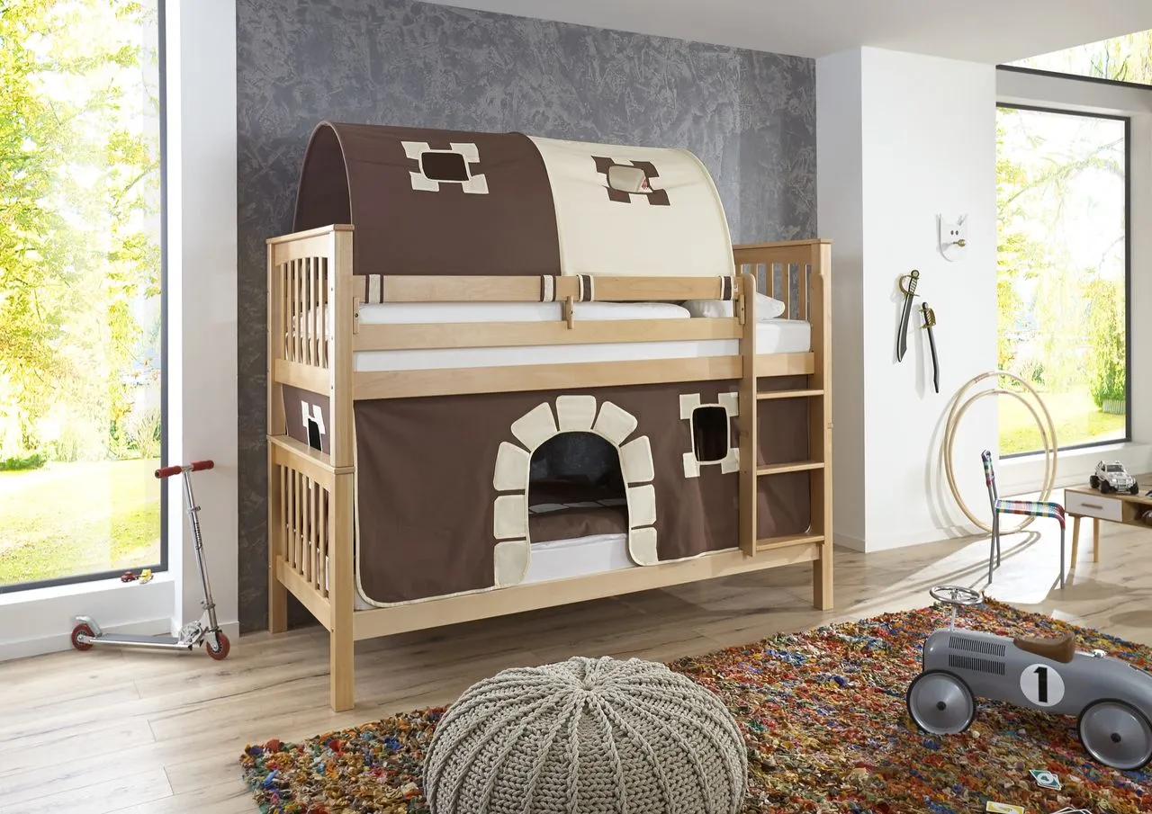 Etagenbett Kick Buche massiv natur lackiert mit Textilset best. aus Vorhang und 2-er Tunnel - Burg