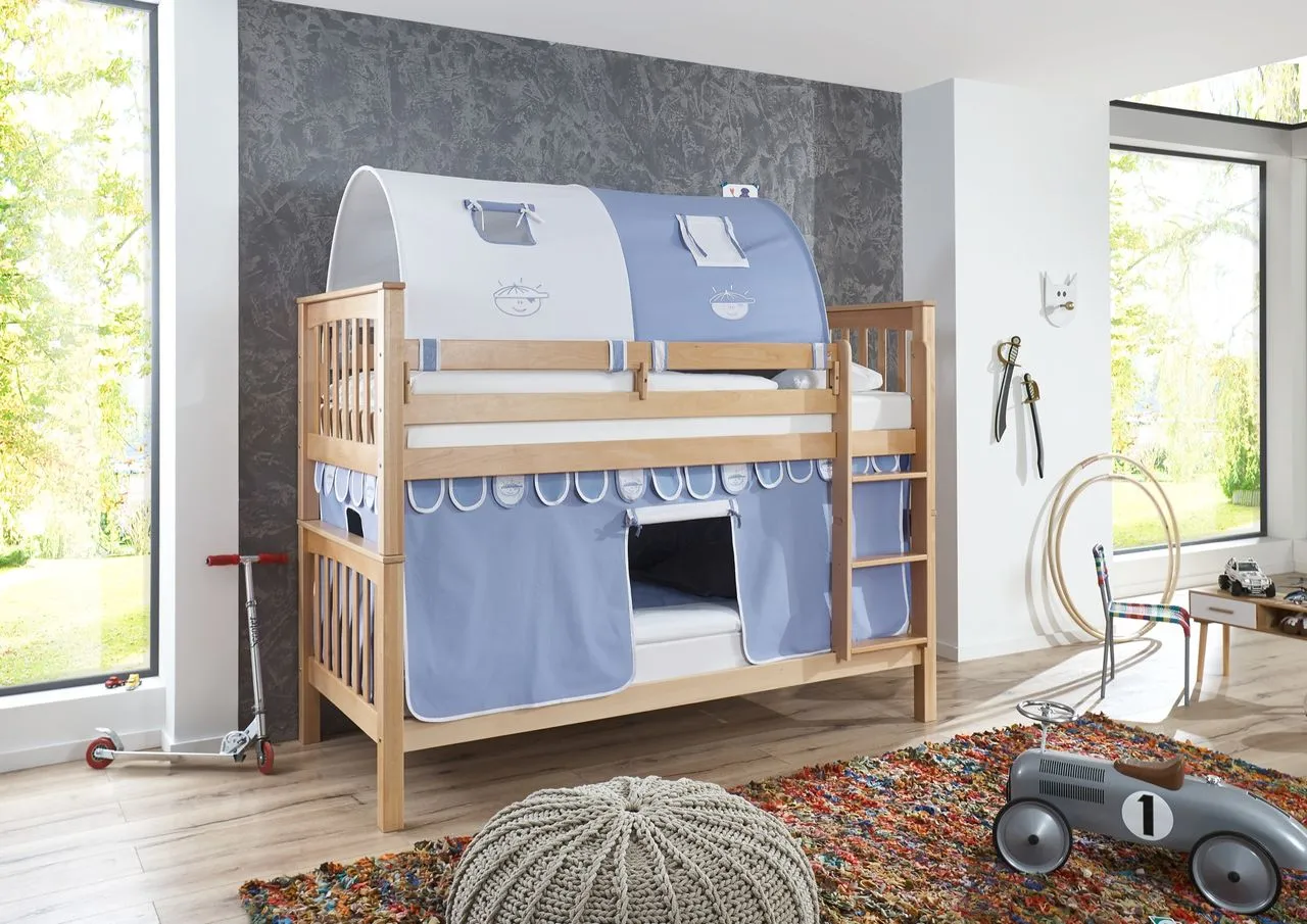 Etagenbett Kick Buche massiv natur lackiert mit Textilset best. aus Vorhang und 2-er Tunnel - blau