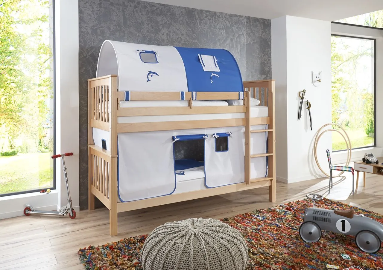 Etagenbett Kick Buche massiv natur lackiert mit Textilset best. aus Vorhang und 2-er Tunnel , Farbe weiß/delfin
