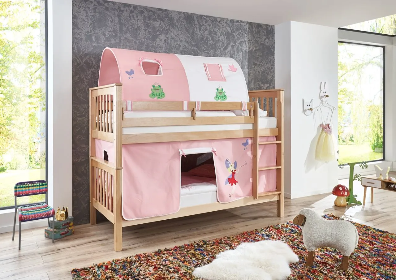 Etagenbett Kick Buche massiv natur lackiert mit Textilset best. aus Vorhang und 2-er Tunnel , Farbe Princess