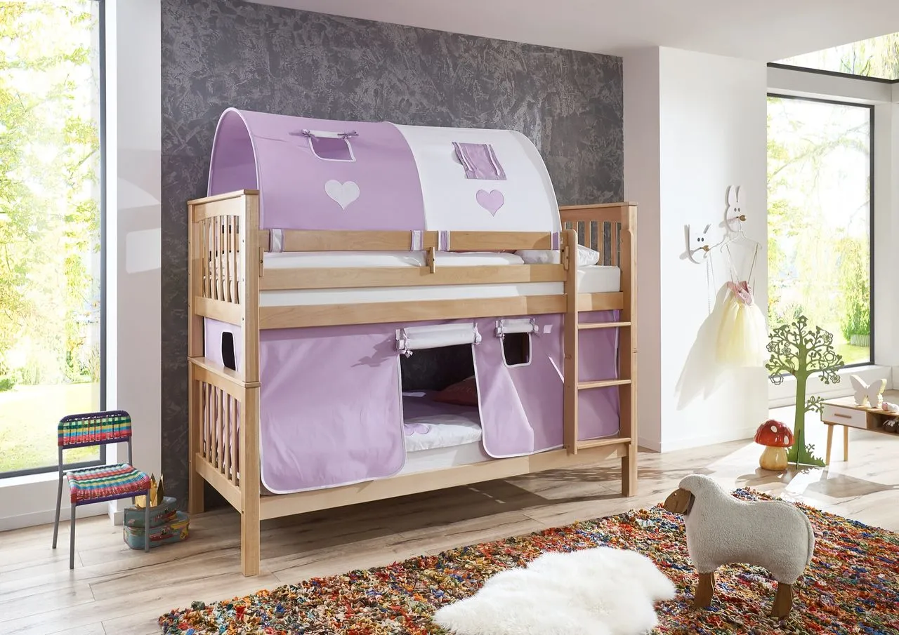 Etagenbett Kick Buche massiv natur lackiert mit Textilset best. aus Vorhang und 2-er Tunnel , Farbe purple/weiß/herz