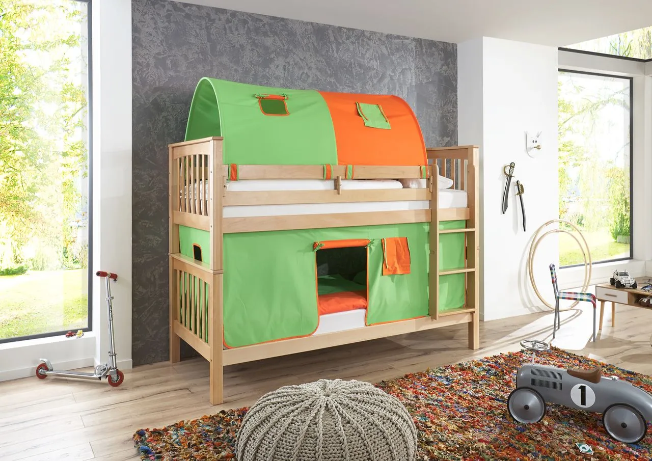 Etagenbett Kick Buche massiv natur lackiert mit Textilset Vorhang und 2-er Tunnel - grün/orange