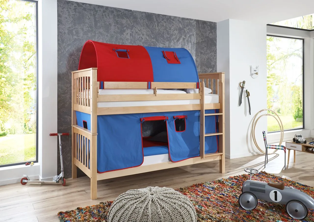 Etagenbett Kick Buche massiv natur lackiert mit Textilset best. aus Vorhang und 2-er Tunnel , Farbe blau/rot