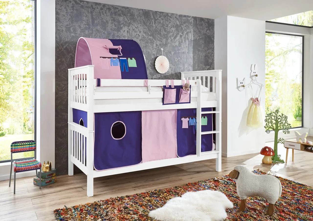 Etagenbett Kick Buche massiv weiß lackiert mit Textilset best. aus Vorhang, 1-er Tunnel und Tasche, Farbe Rosa/Violett-Kleider