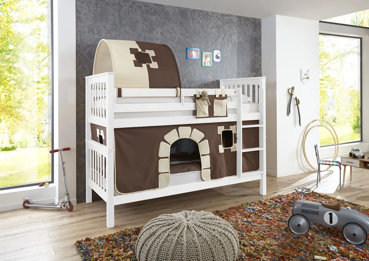 Etagenbett Kick Buche massiv weiß lackiert mit Textilset best. aus Vorhang, 1-er Tunnel und Tasche, Farbe Burg