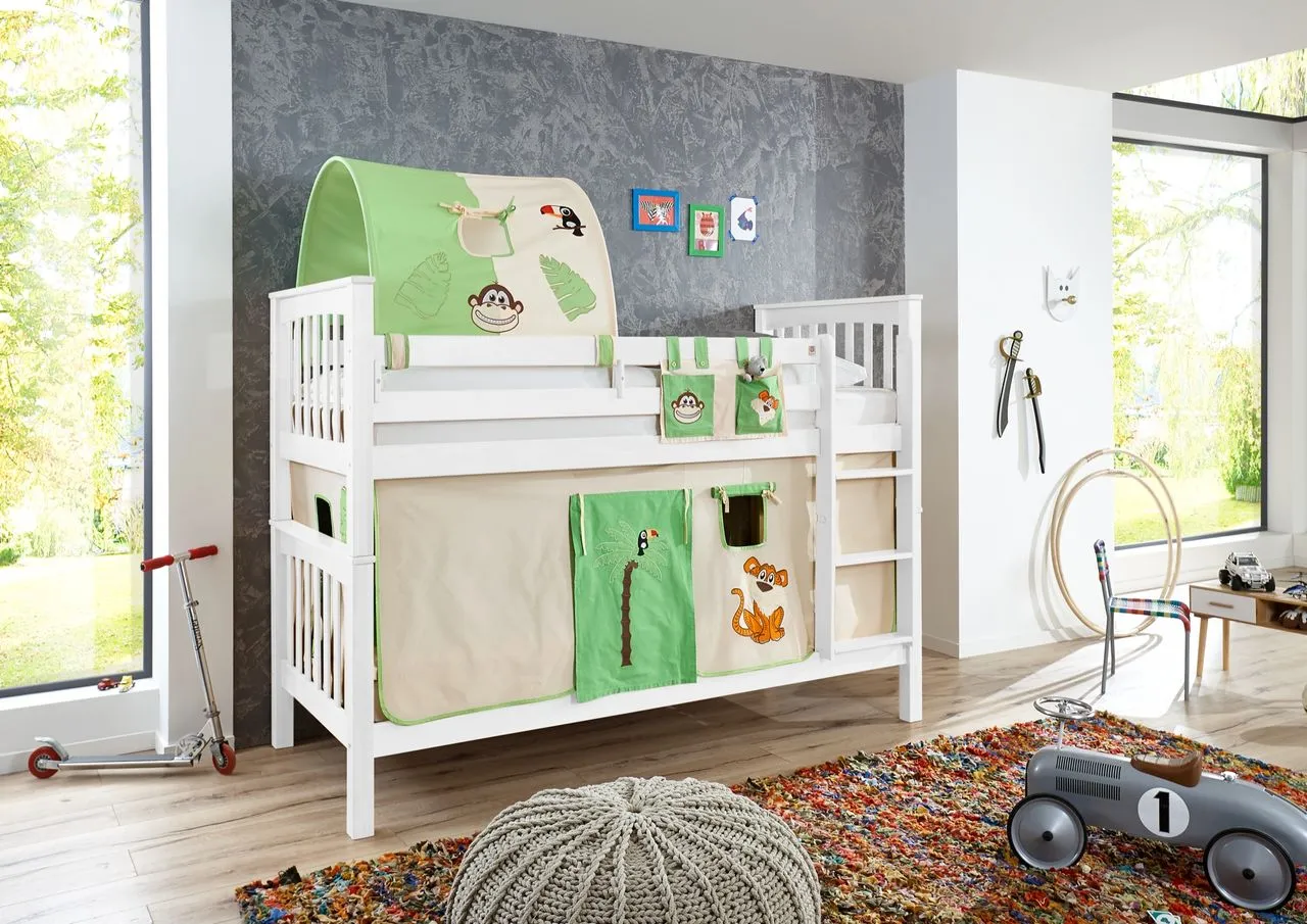 Etagenbett Kick Buche massiv weiß lackiert mit Textilset best. aus Vorhang, 1-er Tunnel und Tasche, Farbe Dschungel