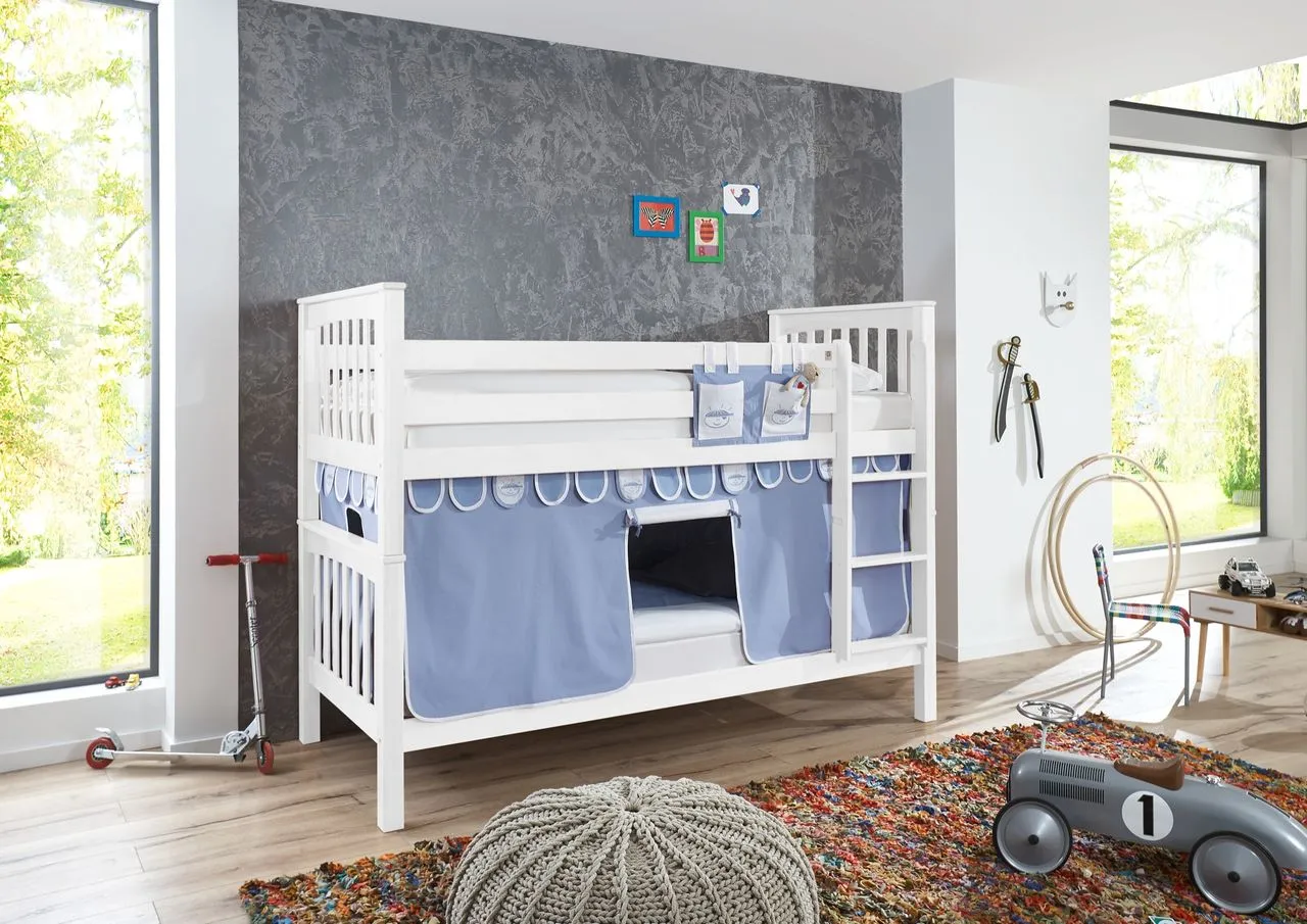 Etagenbett Kick Buche massiv weiß lackiert mit Textilset best. aus Vorhang, 1-er Tunnel und Tasche, Farbe Blau/Boy