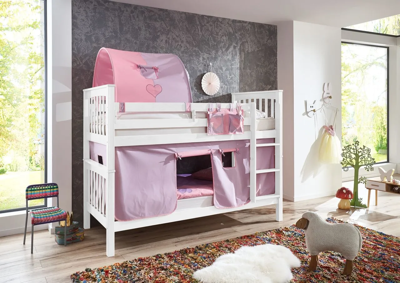 Etagenbett Kick Buche massiv weiß lackiert mit Textilset best. aus Vorhang, 1-er Tunnel und Tasche, Farbe purple/rosa