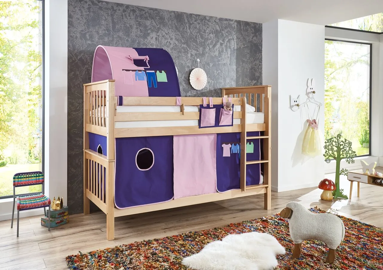 Etagenbett Kick Buche massiv natur lackiert mit Textilset best. aus Vorhang, 1-er Tunnel und Tasche, Farbe Rosa/Violett-Kleider