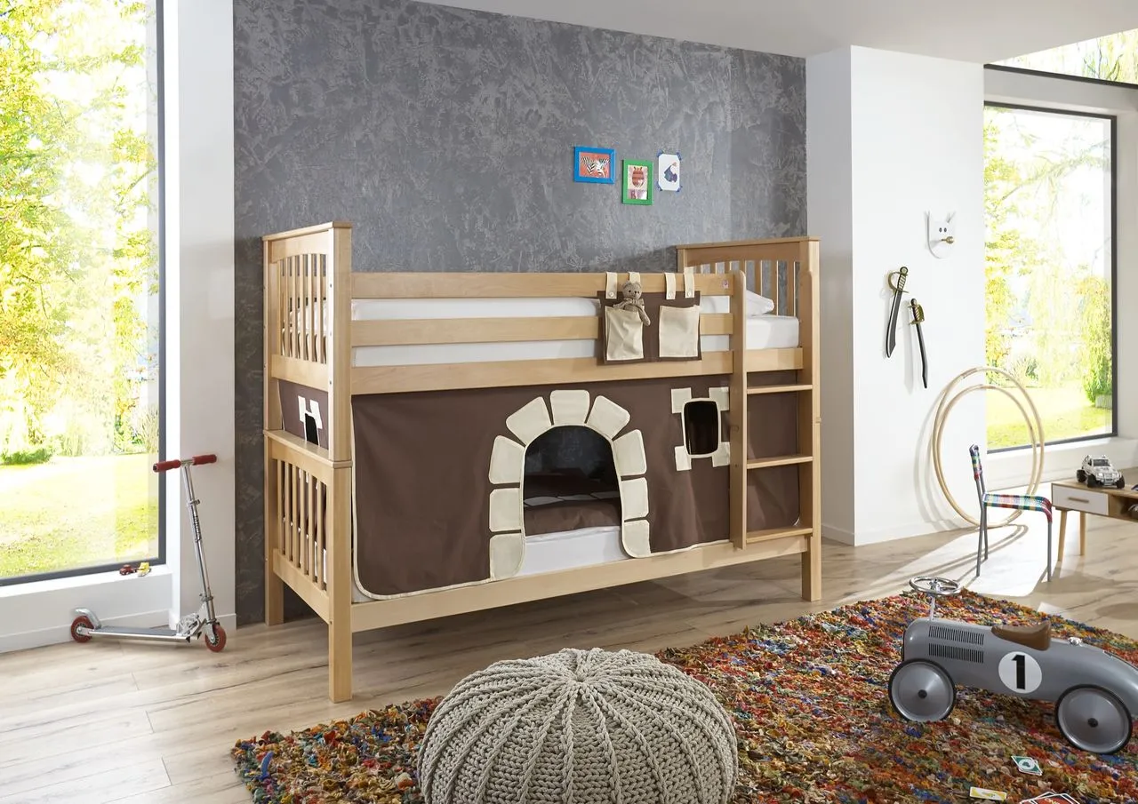 Etagenbett Kick Buche massiv natur lackiert mit Textilset best. aus Vorhang und Tasche, Farbe Burg