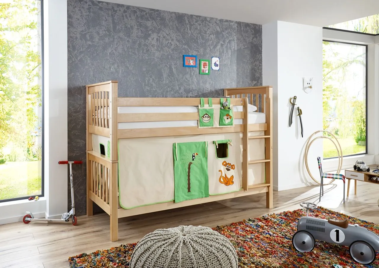 Etagenbett Kick Buche massiv natur lackiert mit Textilset best. aus Vorhang und Tasche, Farbe Dschungel