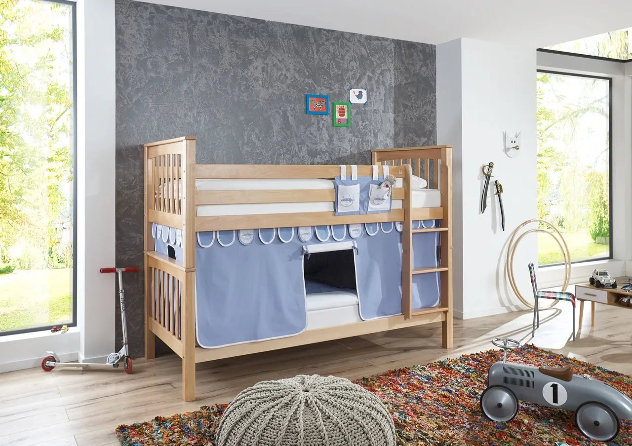 Etagenbett Kick Buche massiv natur lackiert mit Textilset best. aus Vorhang und Tasche, Farbe Blau/Boy