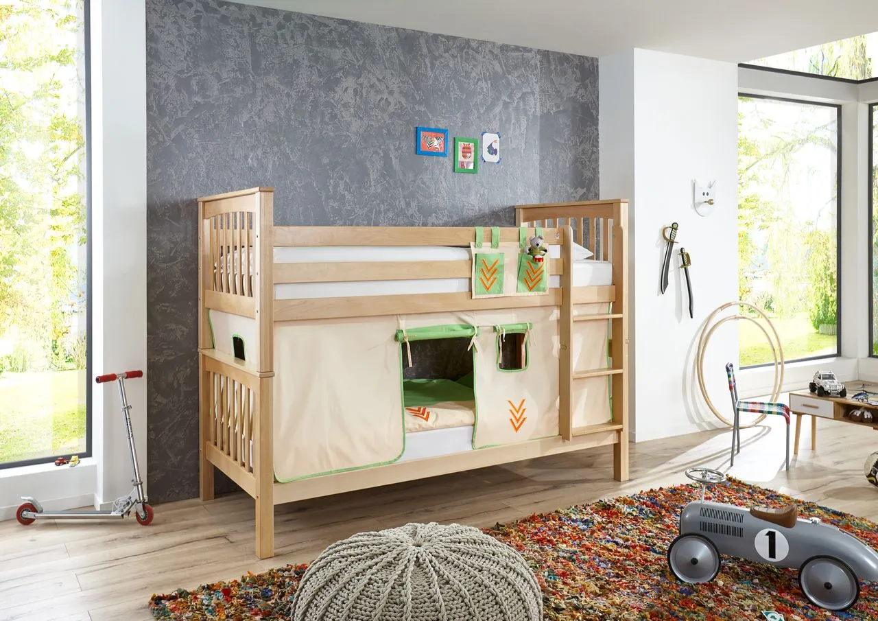 Etagenbett Kick Buche massiv natur lackiert inkl. Textilset (Vorhang/Tasche) Beige/Grün