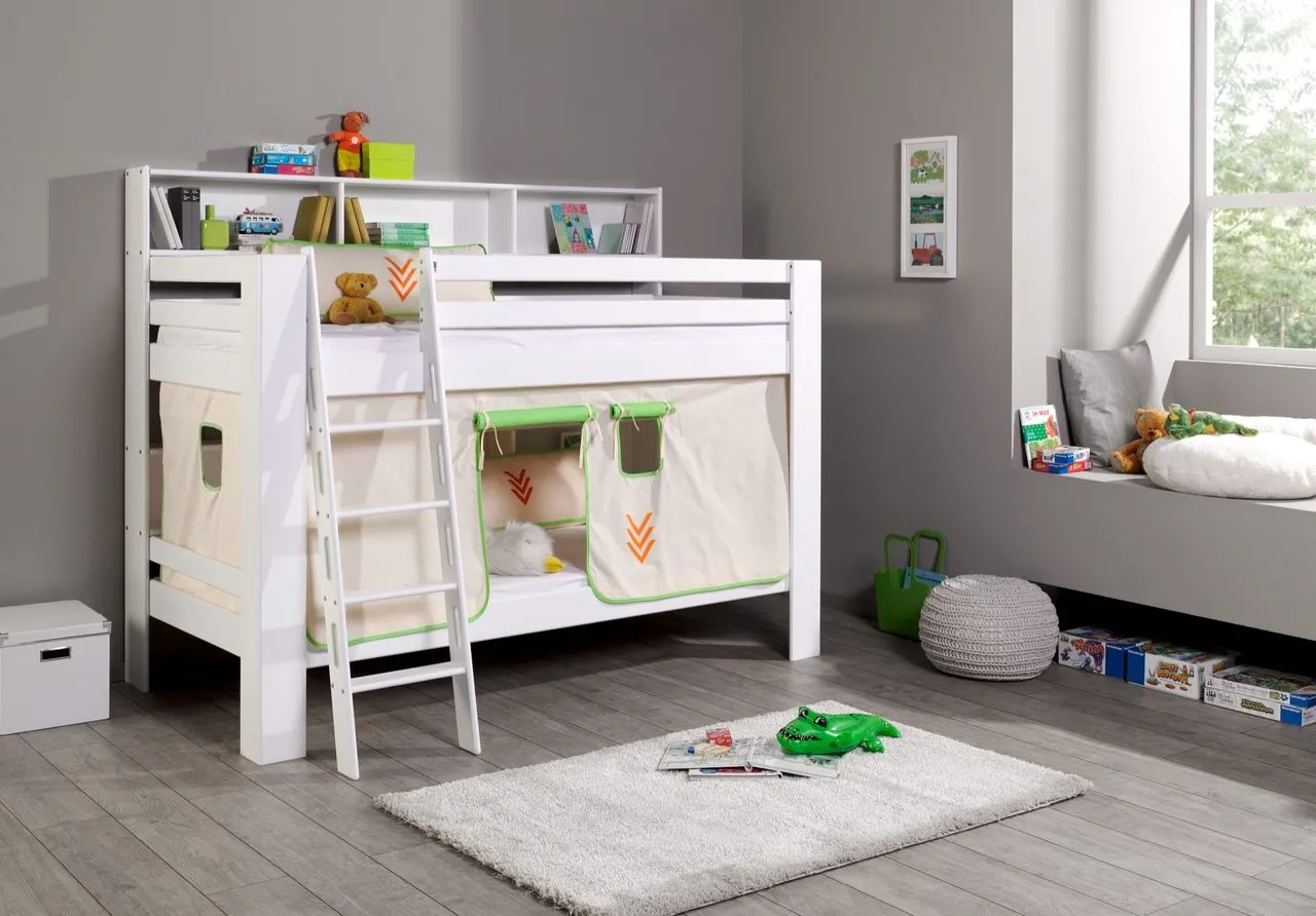 Etagenbett Jan mit Bücherregal und Vorhang beige/grün