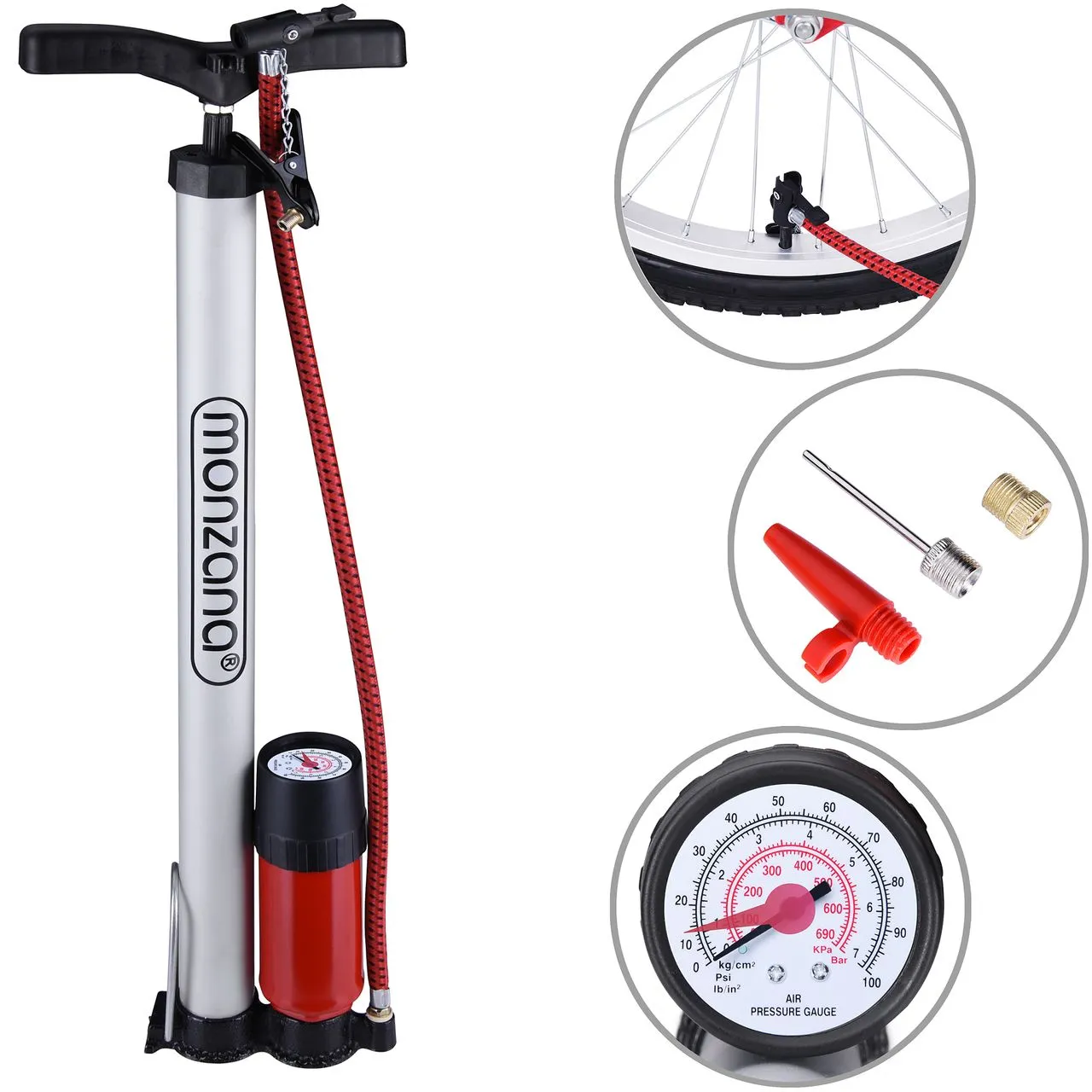 monzana Luftpumpe Hochdruck mit Manometer 58-114 x 6 x 3,2cm schwarz / rot