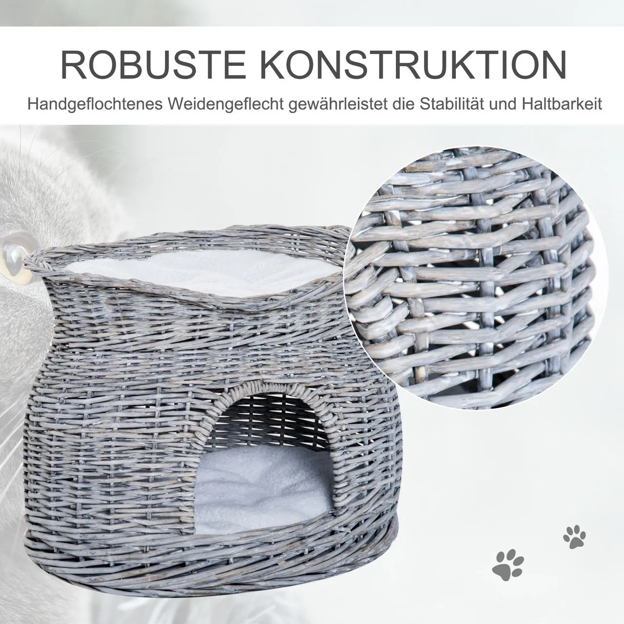 zweistöckiges Katzenhaus, Katzenbett Katzenhöhle, Katzenkorb mit 2 Kissen, Weidenkorb mit Liegedach, Grau, 56 x 37 x 40 cm