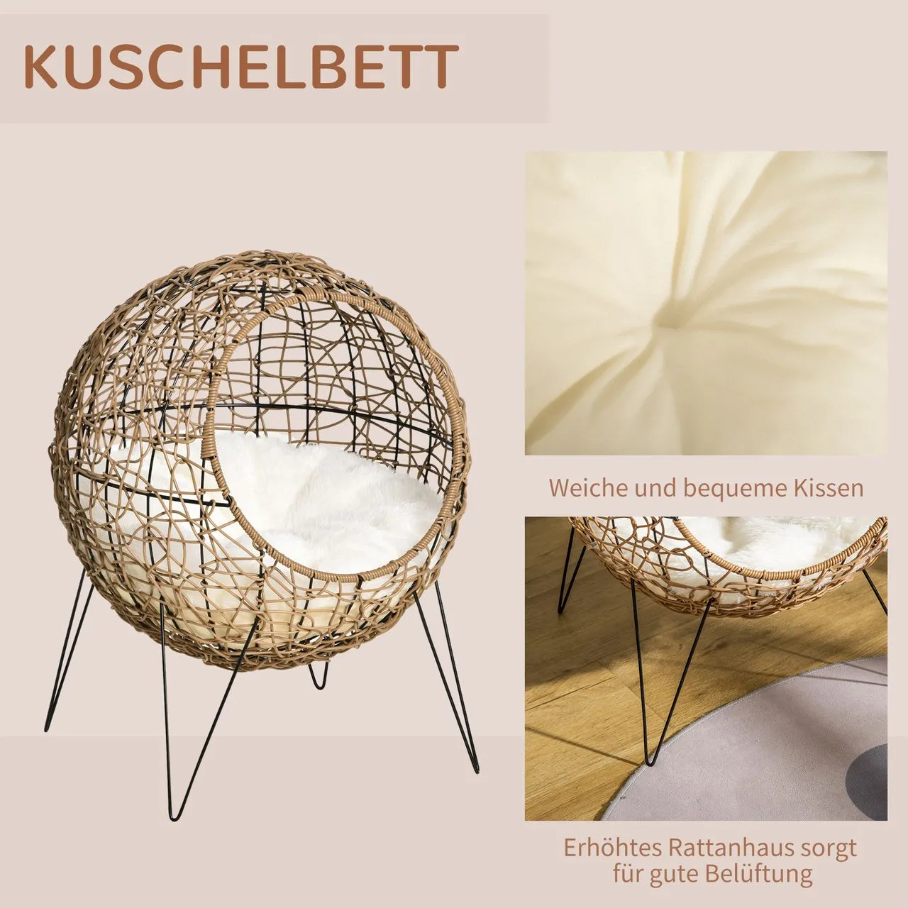 Rattan Katzenkorb Katzenhöhle Katzenhütte Katzenbett mit Kissen erhöhtes Design Haustierbett Braun Ø45 x 57H cm