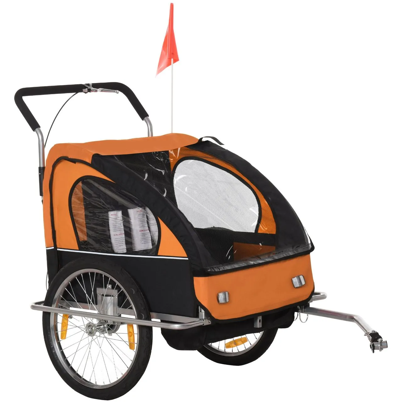 Kinderanhänger Fahrradanhänger Kinder Radanhänger für 2 Kinder mit Fahne Regenschutz atmungsaktiv Stahl Orange 142 x 85 x 105 cm