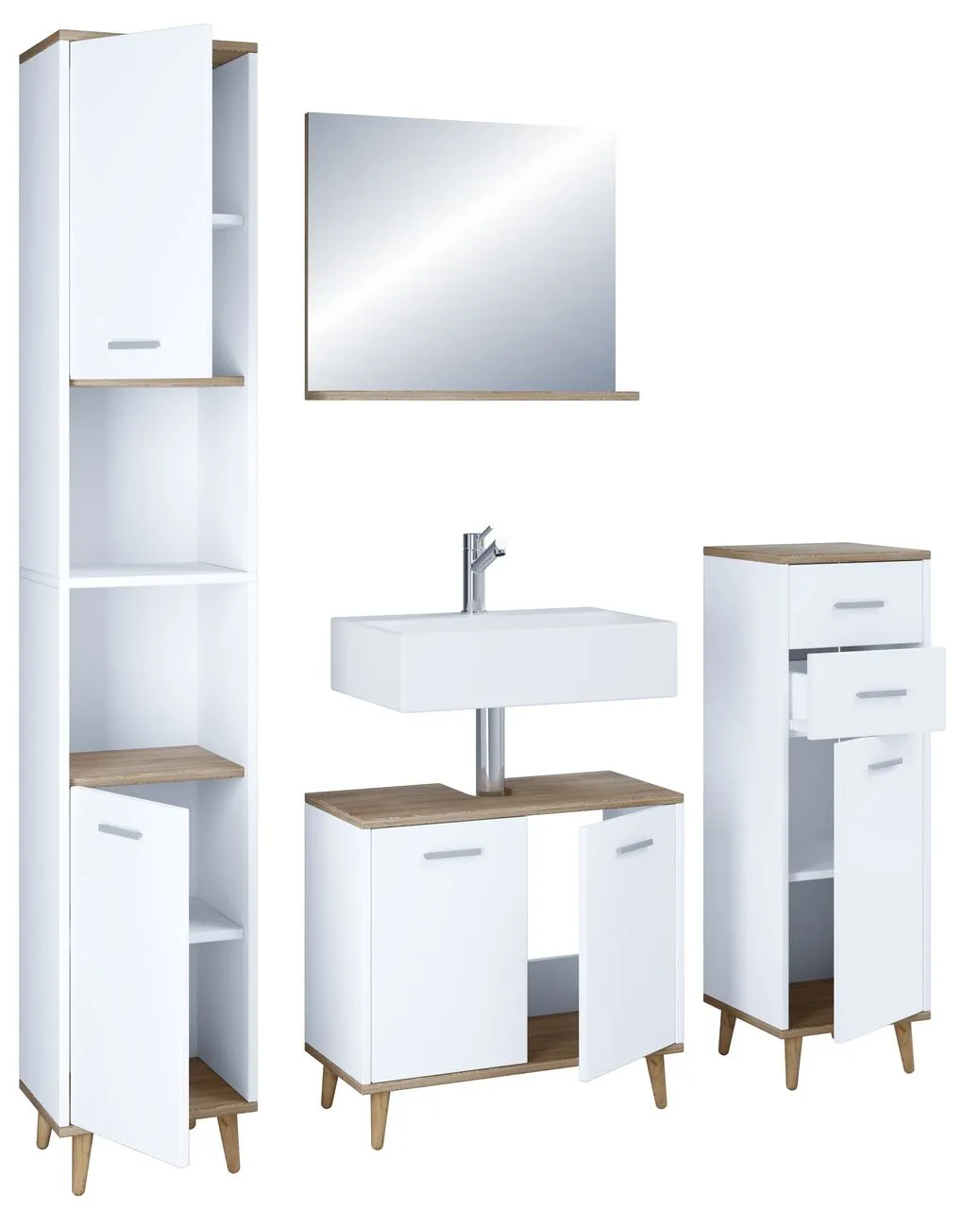 4-tlg. Badmöbelset Badezimmer Set "Landos I" Weiß/Honig-Eiche