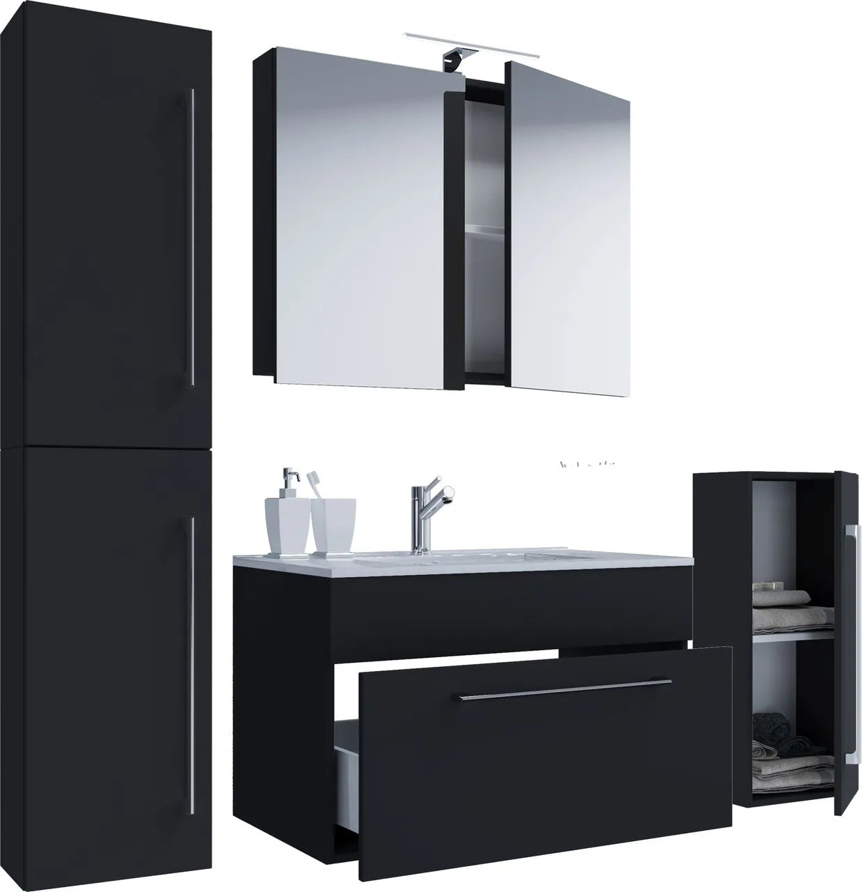 5-tlg. Waschplatz "Badinos 1 Schubfach" 60 cm | Mit Spiegelschrank + Midi-/Hochschrank Schwarz