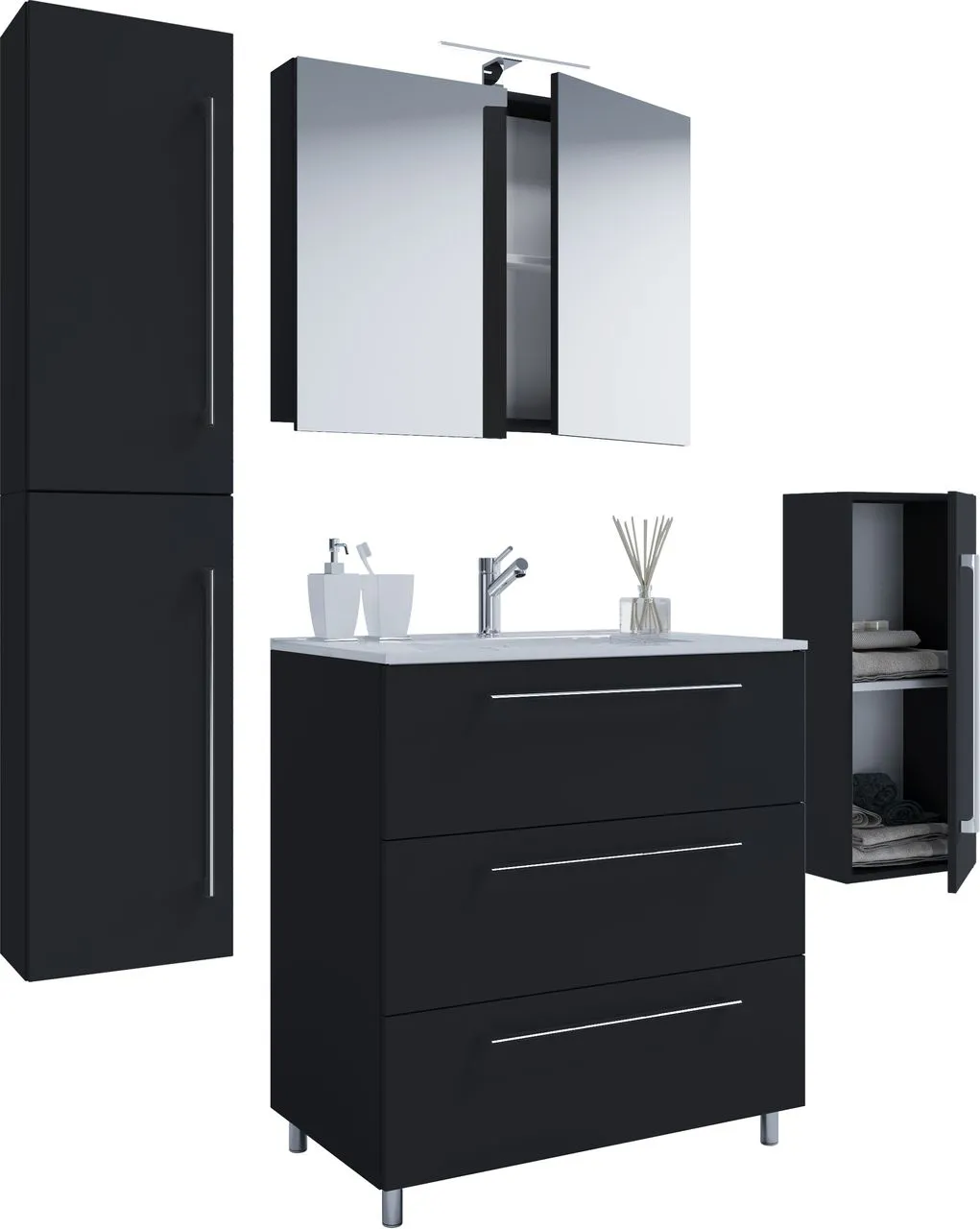 5-tlg. Stand-Waschplatz "Badinos 3 Schubfächer" Mit Spiegelschrank + Midi-/Hochschrank Schwarz