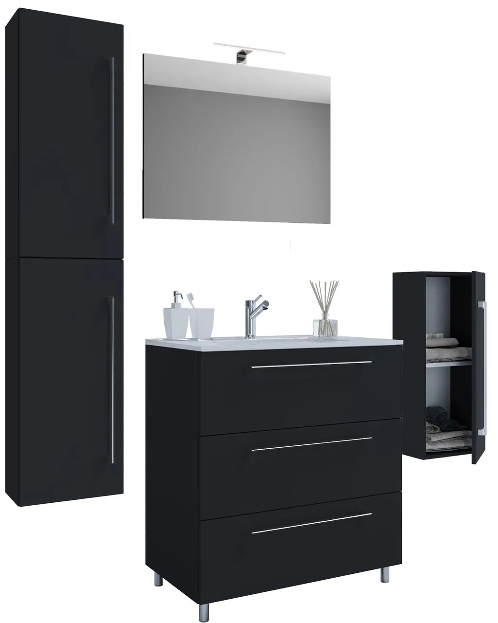5-tlg. Stand-Waschplatz "Badinos 3 Schubfächer" 80 cm | Mit Spiegel + Midi-/Hochschrank Schwarz