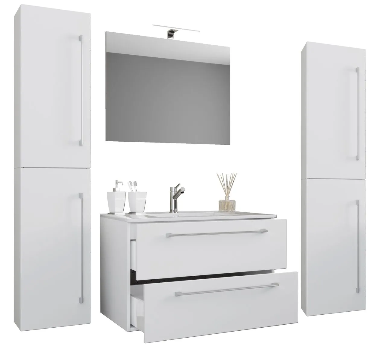 5-tlg. Waschplatz "Badinos 2 Schubfächer" 80 cm | Mit Spiegel + Hochschränke Weiß
