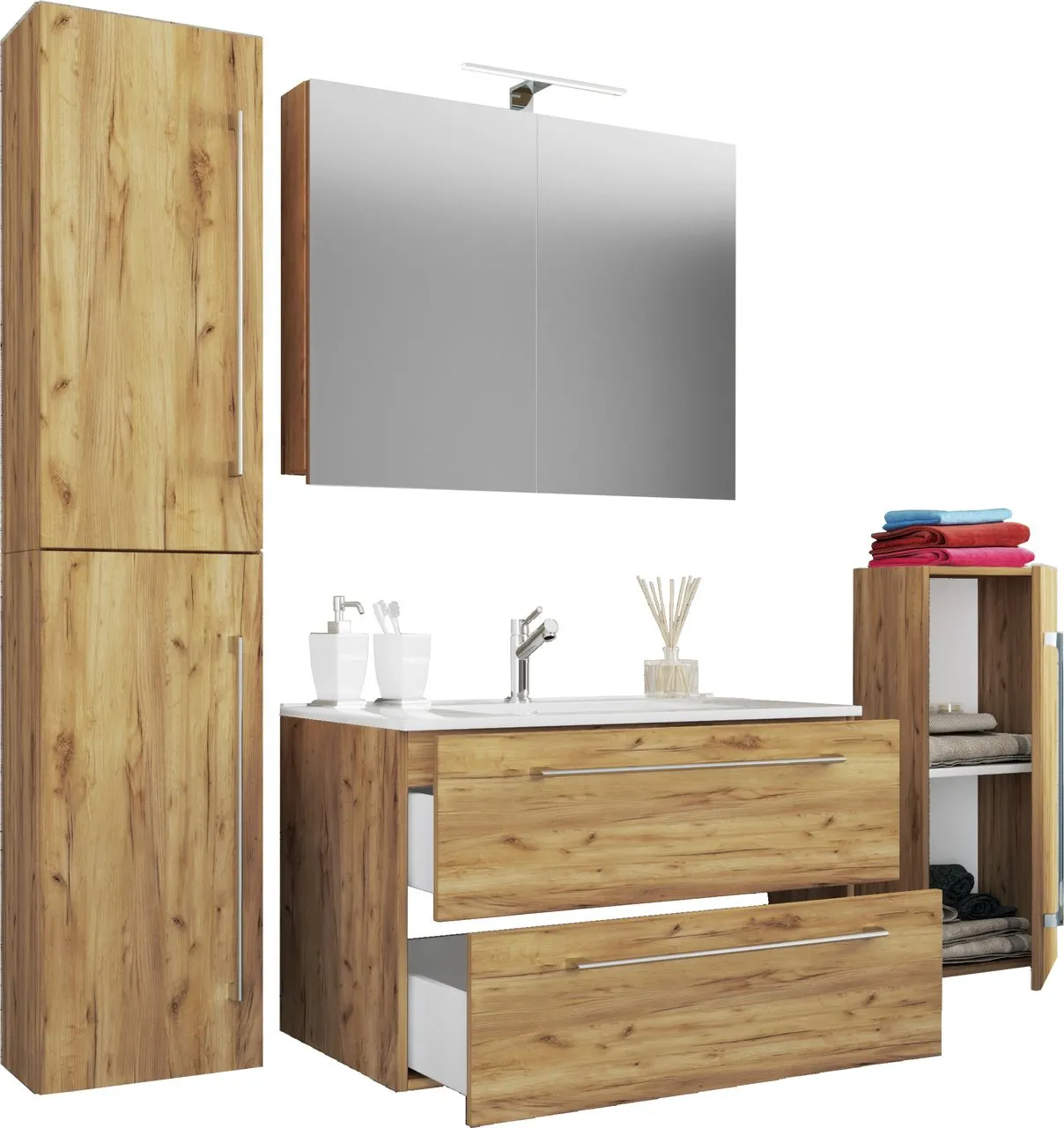 5-tlg. Waschplatz "Badinos 2 Schubfächer" Mit Spiegelschrank und Midi- / Hochschrank Honig-Eiche