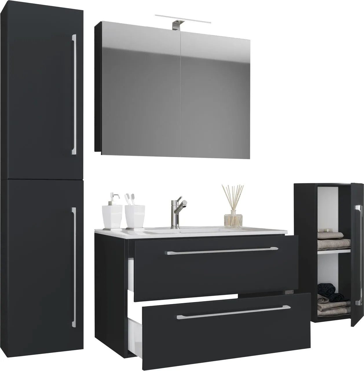 5-tlg. Waschplatz "Badinos 2 Schubfächer" 60 cm | Mit Spiegelschrank und Midi- / Hochschrank Schwarz