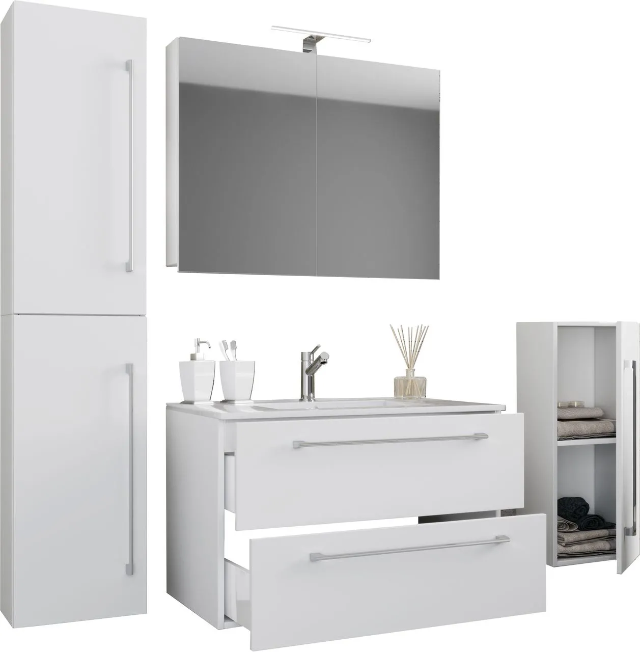 5-tlg. Waschplatz "Badinos 2 Schubfächer" 60 cm | Mit Spiegelschrank und Midi- / Hochschrank Weiß